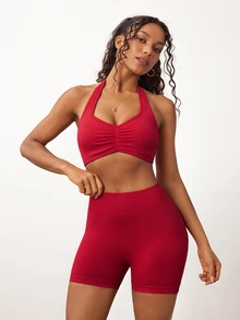 Dewbera Dewbera Seamless Yoga Sports Set Fixed Cup Non-Slip Yoga Sports Shorts - Red - View 3