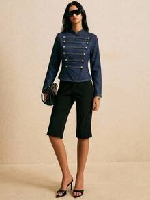 Poéselle Women's Stand Collar Long Sleeve Button Design Napoleon Denim Jacket - Dark Wash - View 3