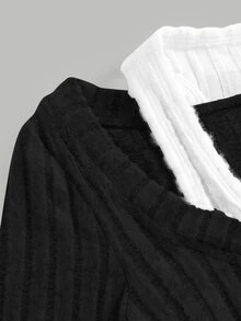 SHEIN 青少年女孩拼接羅紋長袖灰色T恤 - 黑色 - 查看 4
