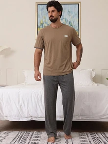 DAZY Summer Solid Color Label T-Shirt & Men's Loungewear Set - Camel - View 6