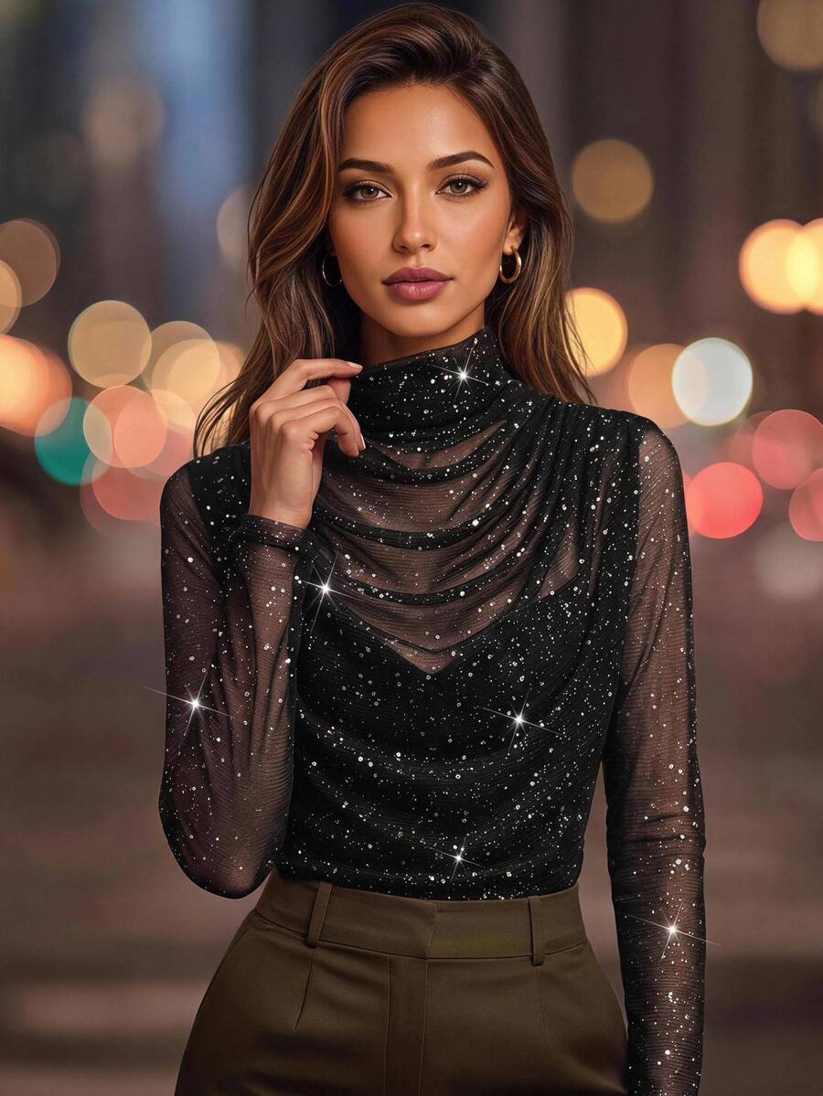 Editum Women's Sexy Sequin Ruched Sheer Long Sleeve T-Shirt - Black - View 1