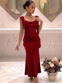 SHEIN Teen Girl Teen Girls Elegant Red Velvet Ruffle Pleated Ribbon Dress, Long Mermaid Hem, For Party, New Year, Christmas - Red - View 1