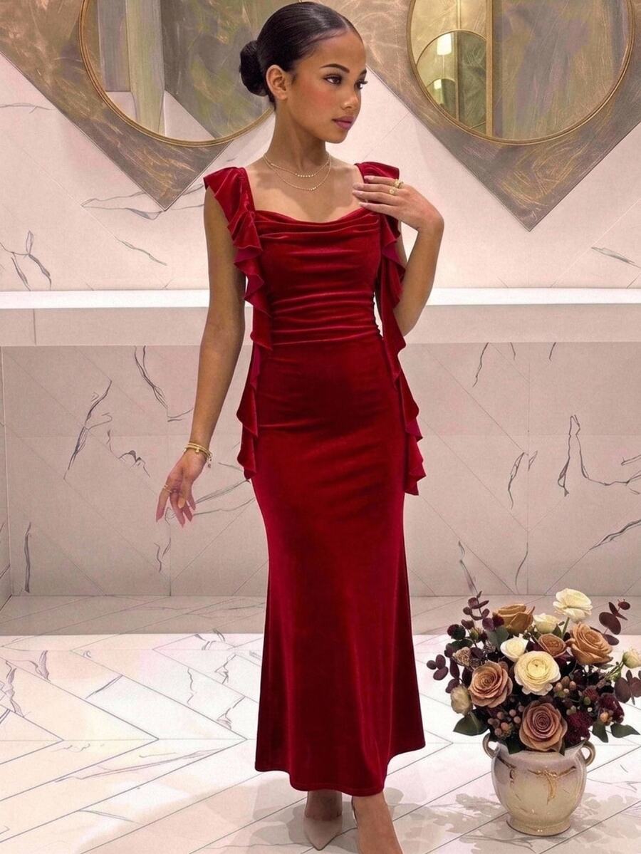 SHEIN Teen Girl Teen Girls Elegant Red Velvet Ruffle Pleated Ribbon Dress, Long Mermaid Hem, For Party, New Year, Christmas - Red - View 1