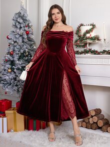 SHEIN Clasi فستان أنيق من المخمل والدانتيل بتصميم رقعات مكشوف الكتفين مقاس كبير - عنابي اللون - مشاهدة 5