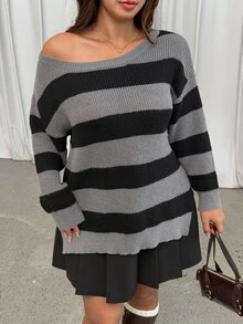 GalTyme Plus Size Women's Autumn/Winter Colorblock Striped Pattern Drop Shoulder Loose Fit Split Hem Long Pullover Sweater - Grey - View 6