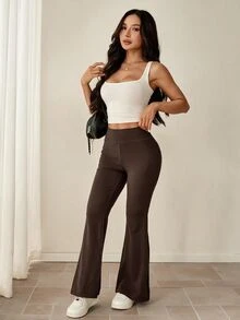 SHEIN PETITE 休閒運動風基礎百搭純色寬腰喇叭褲 開學季健身健身房運動穿搭 黑色 夏季 - 棕色 - 查看 11