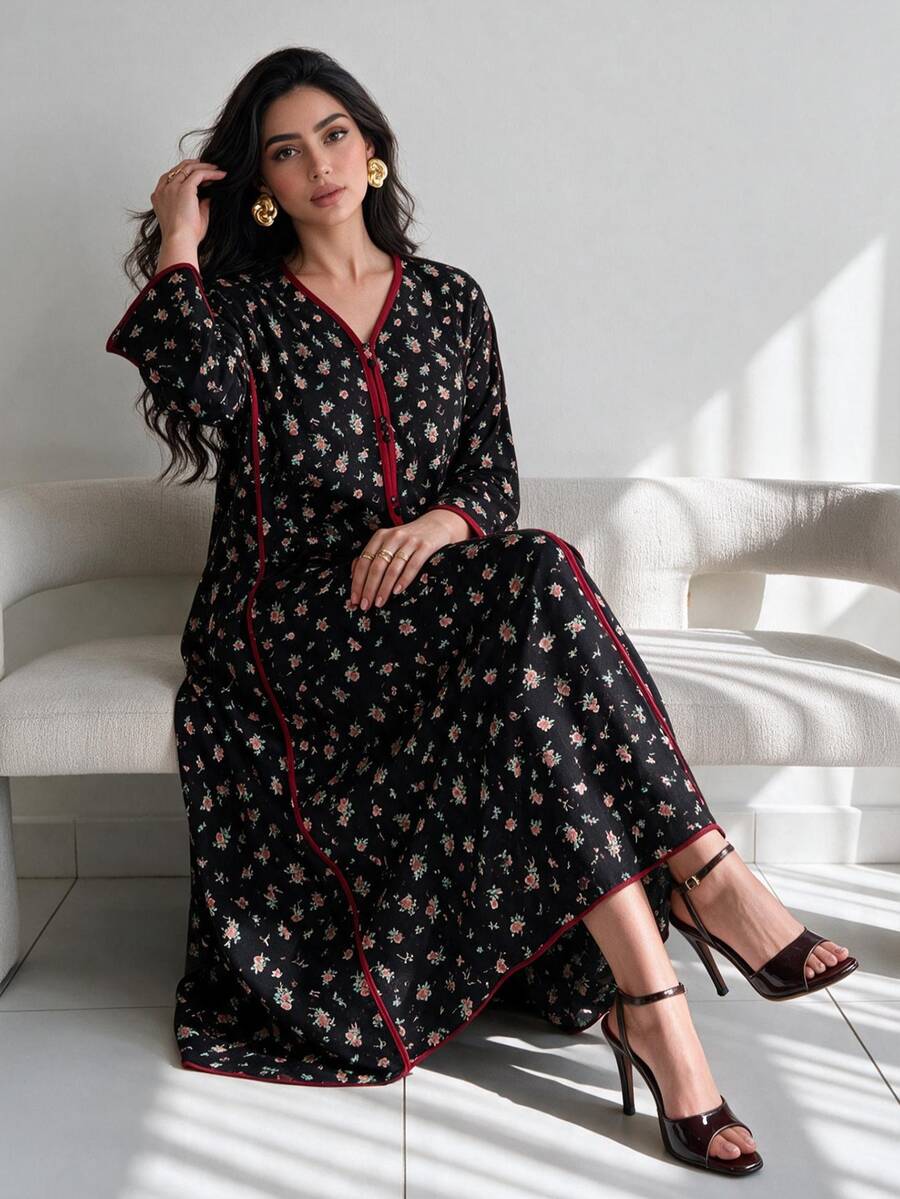 Yasmyna New Contrast Trim V-Neck Romantic Elegant Ditsy Floral Dress, Versatile For Vacation, Daily Wear, Home, And Party - Multicolor - View 1