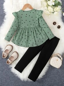 Elladie kids 2件組少女愛心印花長袖上衣附荷葉邊飾與內搭褲，圖案T恤，秋季返校女童長袖套裝 - 綠色 - 查看 2