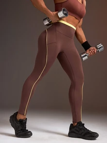 Powerista 女款拼色休閒日常穿著緊身運動緊身褲，適合健身、慢跑、運動、戶外休閒、跑步健身房，棕黃色日常款 - 棕色 - 查看 4