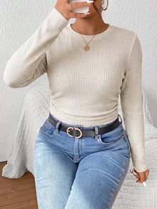SHEIN Frenchy Plus Size Women's Solid Color Round Neck Long Sleeve Ruched Casual T-Shirt - Multicolor - View 7