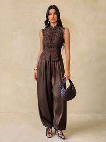 SHEIN Tall Setelan Blazer Kasual Wanita dengan Kancing Depan - Coklat - View 4