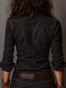 Glimmora Women's Long-Sleeve, T-Shirt With Pockets; Features A Vintage-Style Washed ,Vintage Shirt With Collar And Zipper - Black - View 2