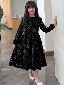 SHEIN Tween少女青少年女童洋裝 初秋休閒優雅黑白波點印花收腰洋裝 女孩洋裝 波點洋裝 - 黑色 - 查看 5