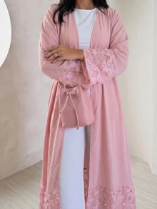 Yasmyna Women Spring Autumn Outfit Gentle Pink 3D Floral Beaded Open Abaya Elegant Flare Sleeve Maxi Cardigan For Family Gathering Engagement Wedding Guest - Pink - View 9