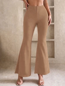 SHEIN PETITE 純色喇叭褲腿春季黑色長褲 - 駝色 - 查看 4