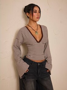 SHEIN PETITE Women's Deep V-Neck Striped Casual Daily Long Sleeve Top - Multicolor - View 7