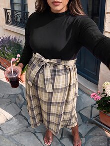 Momance Plus Size Maternity Dress Long Sleeve Waist Tie Plaid Dress Autumn/Winter Fall - Black - View 8