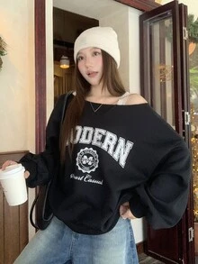 DAZY Women's Letter Print Asymmetrical Shoulder Drop Sleeve Casual Loose Sweatshirt - Black - View 1