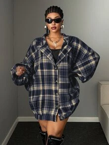 Maweii Plus Size Long Sleeve Vintage Slouchy Plaid Hooded Casual Lightweight Jacket - Navy Blue - View 4