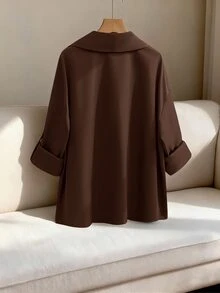 GlowEve CURVE 大尺碼女款捲袖寬鬆休閒夾克，純色，適合日常、通勤，秋冬穿搭 - 咖啡棕 - 查看 2