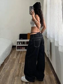 StreetHx 女款休閒日常旅行牛仔褲，附口袋、鈕扣與字母圖案 - 黑色 - 查看 2