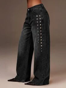 Athîral Denim 女款時尚鉚釘鈕扣寬鬆牛仔褲 - 黑色 - 查看 1