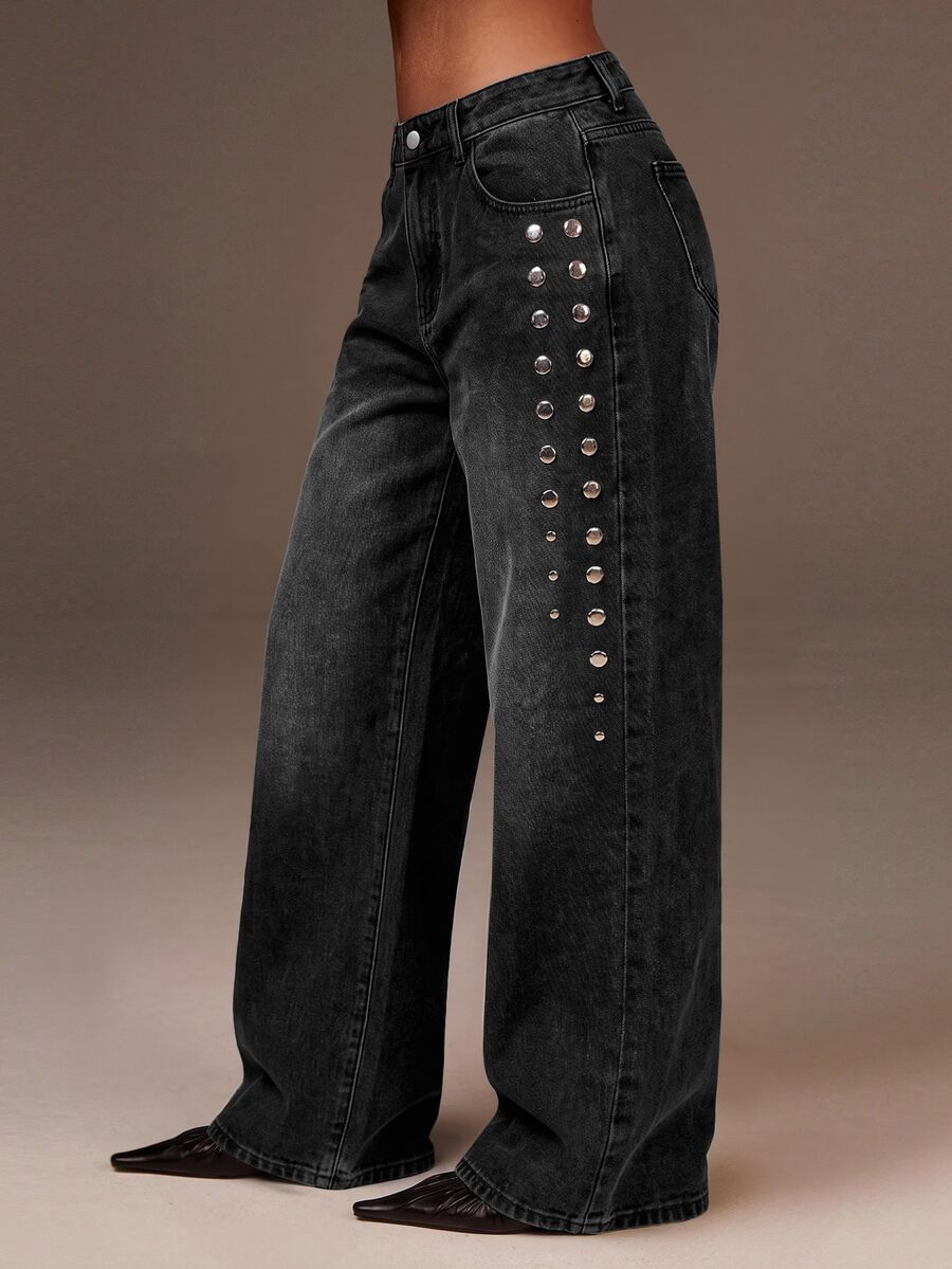 Athîral Denim 女款時尚鉚釘鈕扣寬鬆牛仔褲 - 黑色 - 查看 1
