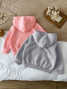 SHEIN LMoss Kids 買1送1，2件組女孩純色連帽寬鬆休閒衛衣，度假風，休閒學院風，適合秋冬，日常穿著 - 彩色 - 查看 2