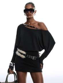 LYSMO Women's Asymmetric Neckline Rivet Eyelet Decor Cinched Cinched Waist Fashionable Elegant Long Sleeve T-Shirt - Black - View 4