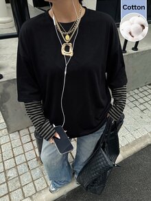 Muchica 大尺碼初秋返校黑色拼接二合一針織T恤，層次感長袖休閒軟綿上衣，適合秋季正式約會 - 彩色 - 查看 5