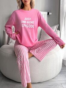 SHEIN Women's ''JUST ONE MORE EPISODE'' Printed Shirt And Striped Wide Leg Pants Pajama Set, Cute, P - Pink - View 4