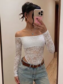 SHEIN ICON 女款露肩蕾絲拼接性感百搭約會與外出連身衣 - 白色 - 查看 10