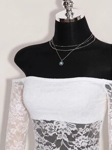 SHEIN ICON 女款露肩蕾絲拼接性感百搭約會與外出連身衣 - 白色 - 查看 9