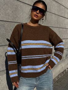 DAZY Women's Round Neck Striped Loose Fit Sweater - Brown - View 3