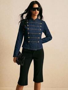 Poéselle Women's Stand Collar Long Sleeve Button Design Napoleon Denim Jacket - Dark Wash - View 4