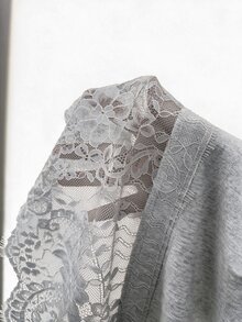 SHEIN EZwear 女款韓式蕾絲拼接時尚休閒T恤，適合度假穿著 - 灰色 - 查看 6