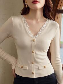 Vintamour Women's Solid Color Contrast Lace V-Neck Long Sleeve Metal Button Top - Apricot - View 3