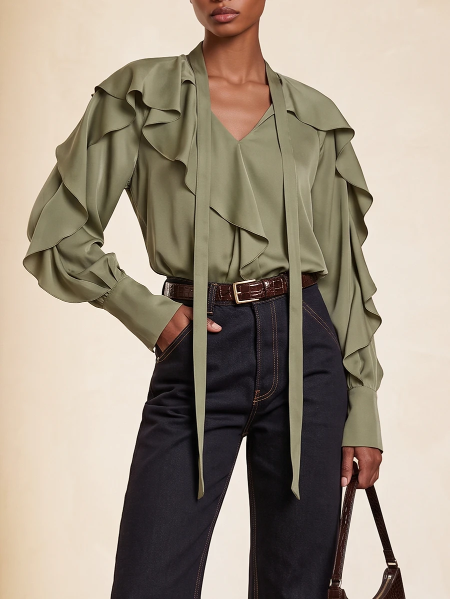 Vesra Women's Elegant Ruffle V-Neck Tie Long Sleeve Satin Blouse - Olive Green - View 1