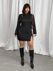 GalTyme Plus Size Women's Solid Color Cheongsam Collar Long Sleeve Side Slit Hem Fitted Dress - Black - View 6