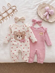 SHEIN 2 Pack Baby Girls Romper Jumpsuit Sweet Pink Cream Bear Heart Print Ruffle Bow Long Sleeve Round Neck Regular Holiday Fall Princess Cozy Ribbed - Baby Pink - View 7