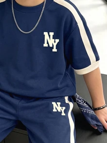 2件組青少年男孩時尚簡約舒適圓領T恤與運動長褲套裝，英倫學院風英文字母圖案設計，適合假期派對休閒穿著，春夏秋季小男孩首選，時尚休閒穿搭，街頭風，外出休閒穿著，返校派對 - 寶藍色 - 查看 6
