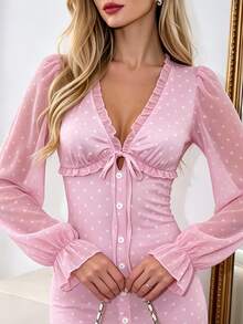 Cévolie Pink Polka Dot V-Neck Dress For Women, Ruffle Edge Tie Puff Long Sleeve Frill Trim Short Chiffon Skirt - Pink - View 3