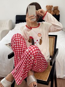 Napfluff Cute Dachshund Print Long Sleeve Pajamas For Women, Red Plaid Contrast Lace Trim Loungewear Set - Multicolor - View 6