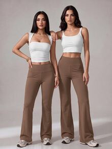 SHEIN Tall 女款純色修身百搭日常穿著喇叭褲 - 卡其色 - 查看 2