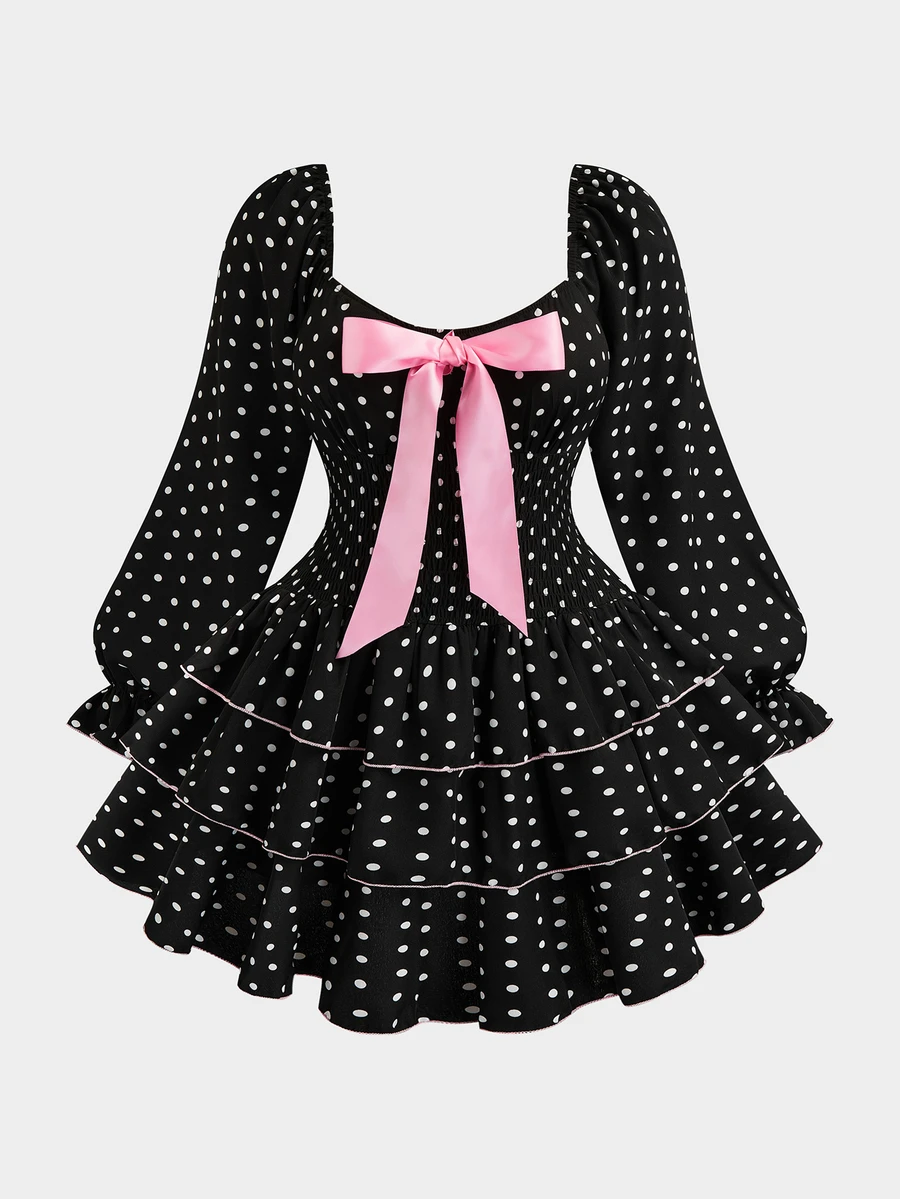 Sweetra CURVE Plus Size Autumn/Winter Fashion Colorblock Polka Dot Waist-Cinched Slimming Casual Long Sleeve Tiered Dress Fall Christmas - Black - View 1