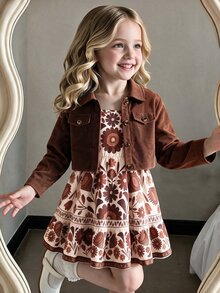 SHEIN Vintaside Kids 女童棕色短版夾克套裝復古碎花印花吊帶裙冬季洋裝復古休閒2件套感恩節7歲生日棕色裙秋季 - 棕色 - 查看 1