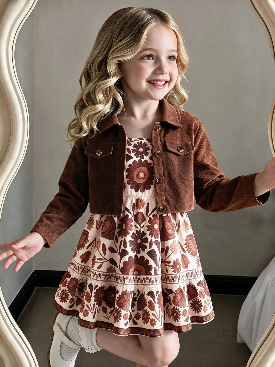 SHEIN Vintaside Kids 女童棕色短版夾克套裝復古碎花印花吊帶裙冬季洋裝復古休閒2件套感恩節7歲生日棕色裙秋季 - 棕色 - 查看 1