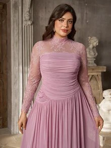 Serin Elegant Luxurious Stretch Lace Patchwork Decor With 3D Pleats, Floor-Length A-Line Formal Evening Gown For Vacation, Party, Birthday, Gala And Formal Occasions (Intricate Design) - Pink - View 5
