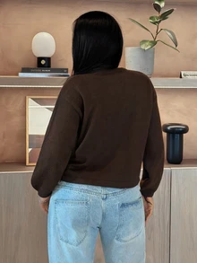 SHEIN SXY كارديجان نسائي محبوك كاجوال بلون موحد وأكمام طويلة وأزرار أمامية على شكل ضفدع - قهوة بني - مشاهدة 2