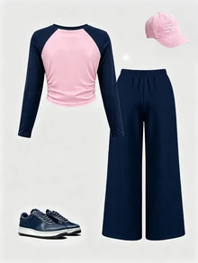 Tween Girls Casual Fashion Bow Design Pink & Navy Blue Colorblock Pattern Ruched Waist Long Sleeve T-Shirt With Navy Blue Base & Pink Stripe Wide Leg Pants Fall Outfits - Multicolor - View 2